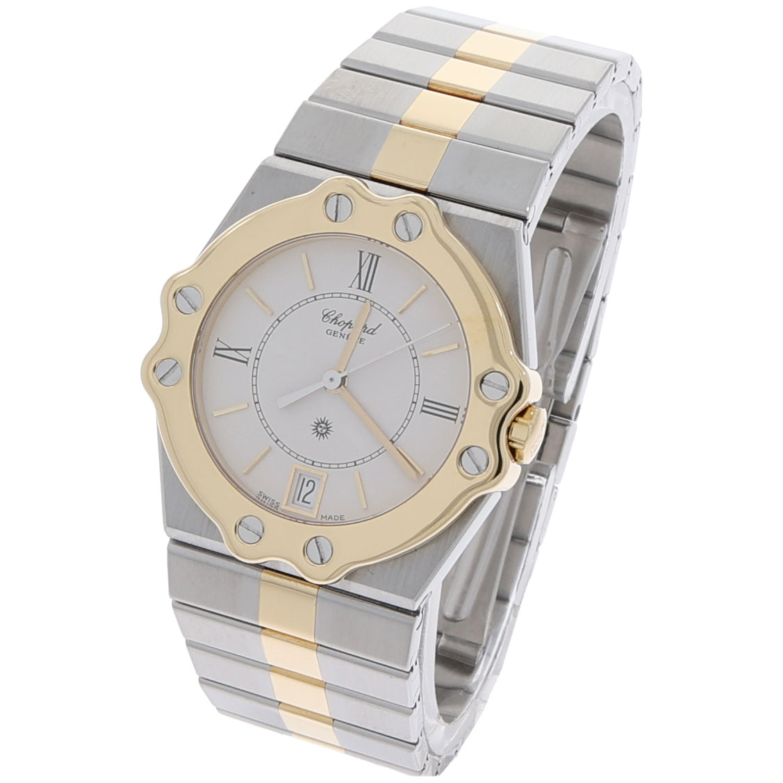 Chopard St. Moritz Referenz 8023 32 mm Edelstahlgehäuse 18 Karat Gelbgold Akzente weisses Zifferblatt Saphirglas