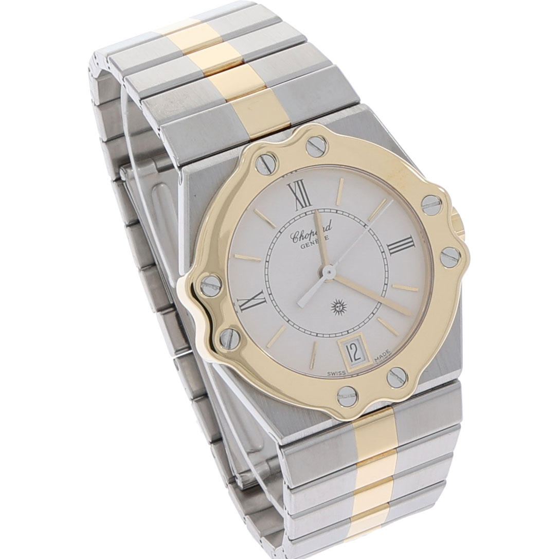 Chopard St. Moritz Referenz 8023 32 mm Edelstahlgehäuse 18 Karat Gelbgold Akzente weisses Zifferblatt Saphirglas