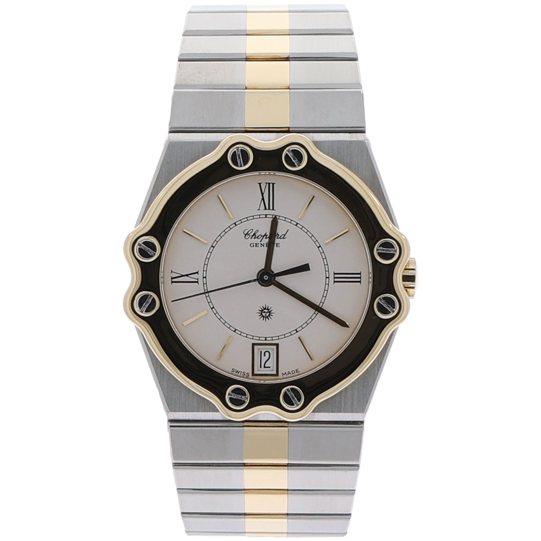 Chopard St. Moritz Referenz 8023 32 mm Edelstahlgehäuse 18 Karat Gelbgold Akzente weisses Zifferblatt Saphirglas