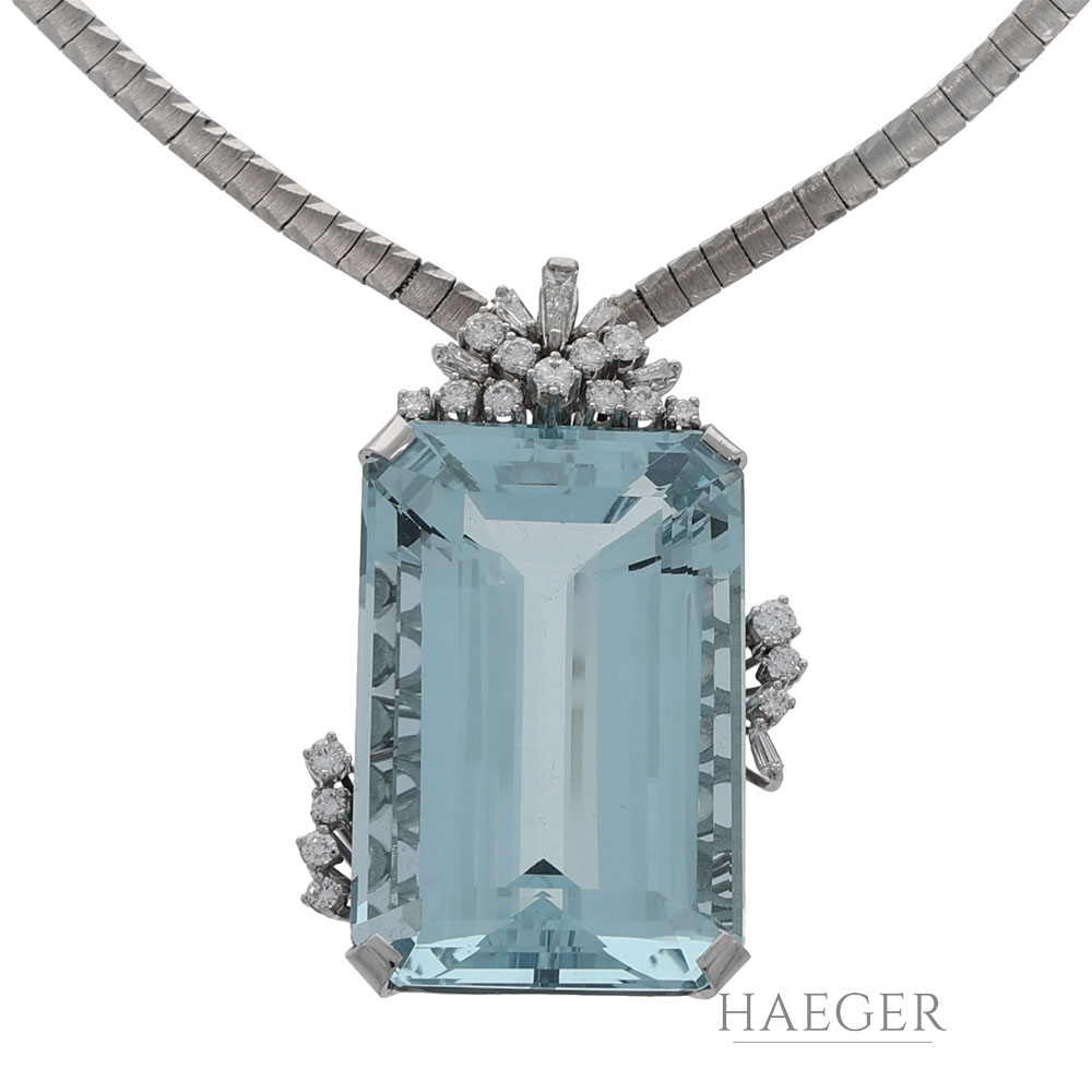 Collier 42 cm Weissgold mit Aquamarin und Diamanten
