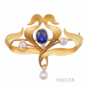 Jugendstil Brosche Gelbgold 585 / 14 Karat mit Saphir, Diamanten, Perlen