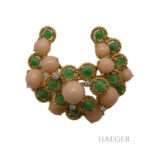 Brosche Gelbgold 750 / 18 Karat mit Diamanten und rosa grünen Steinen Vorschau