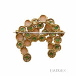 Brosche Gelbgold 750 / 18 Karat mit Diamanten und rosa grünen Steinen Vorschau