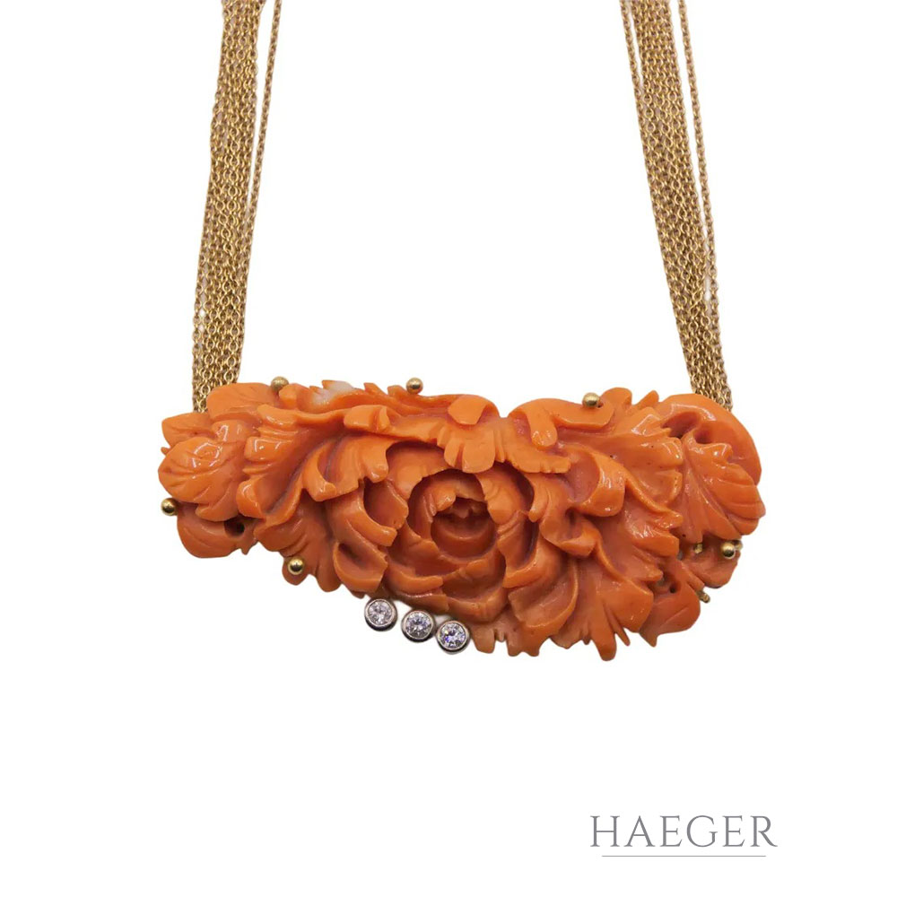 Fries Arauner Korallen Collier 36cm Gelbgold 750 / 18 Karat mit Diamanten FULL SET