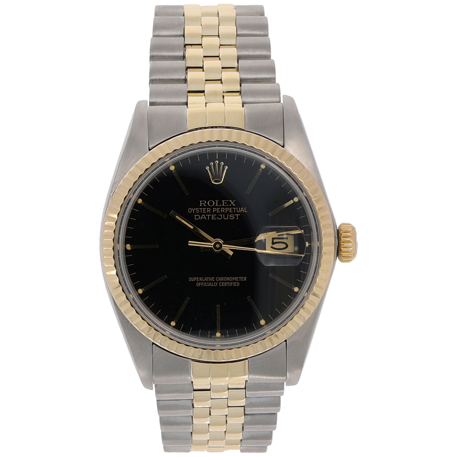 Rolex Datejust 36 edelstahl gold jubilee Band und schwarzes Ziffernblatt