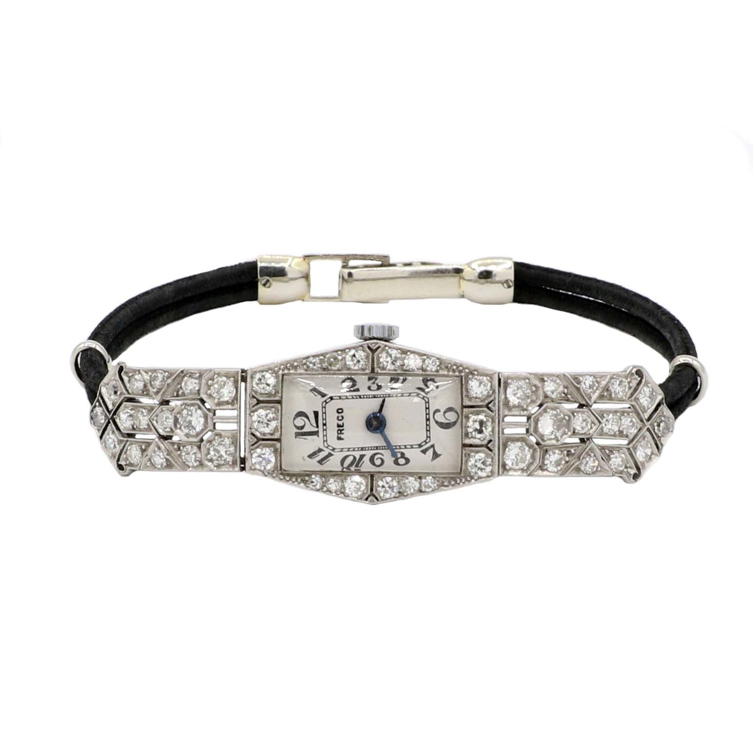 Freco Art Déco Armbanduhr Platin 950, Weißgold 585/ 14 Karat mit 1,35 ct Diamanten