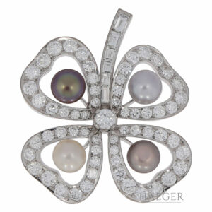 Schilling Brosche Weißgold 750/ 18 Karat mit Zuchtperlen und 6,00 ct Diamanten