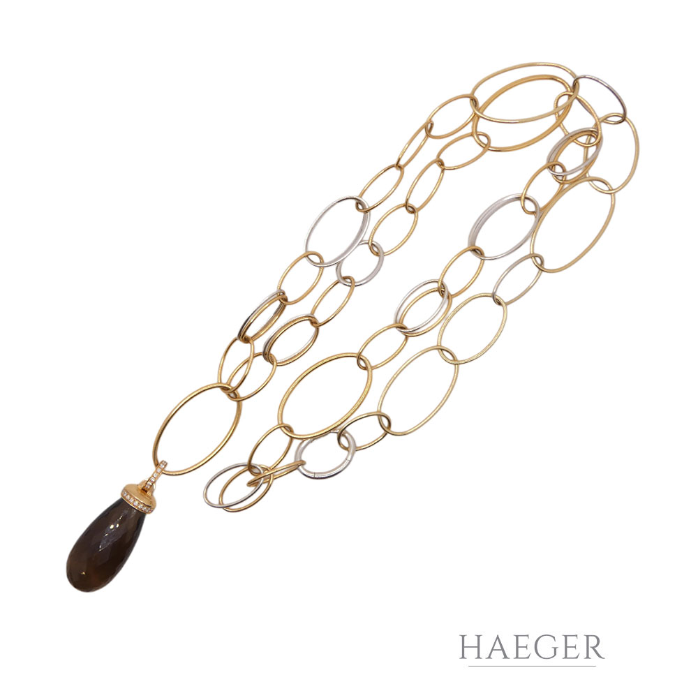 Rauchquarz Collier 70 cm und Anhänger Gelbgold, Weißgold 750/ 18 Karat 0,021 ct Diamanten