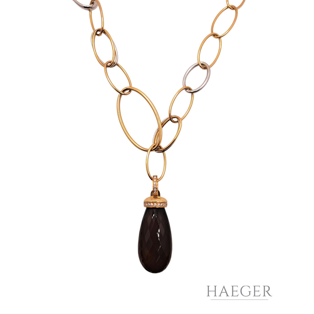 Rauchquarz Collier 70 cm und Anhänger Gelbgold, Weißgold 750/ 18 Karat 0,021 ct Diamanten