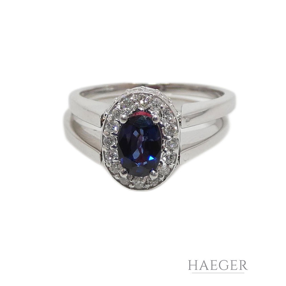 Drehbarer Ring mit Saphir und Rubin Gr. 53 Weißgold 750/ 18 Karat mit 0,45 ct Diamanten