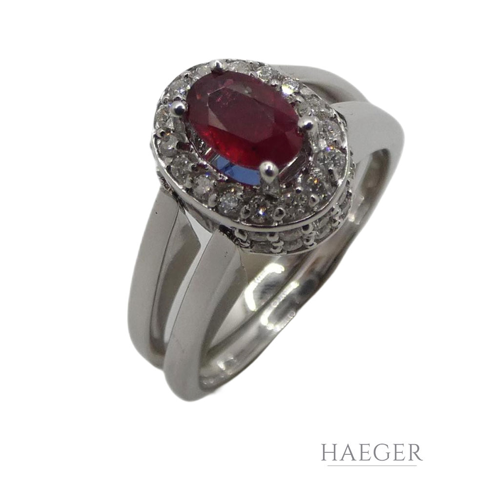 Drehbarer Ring mit Saphir und Rubin Gr. 53 Weißgold 750/ 18 Karat mit 0,45 ct Diamanten