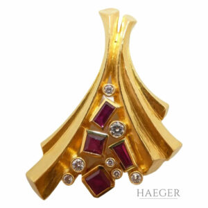 Fries Arauner Brosche / Anhänger Gelbgold 18 Karat mit Diamanten und Rubine