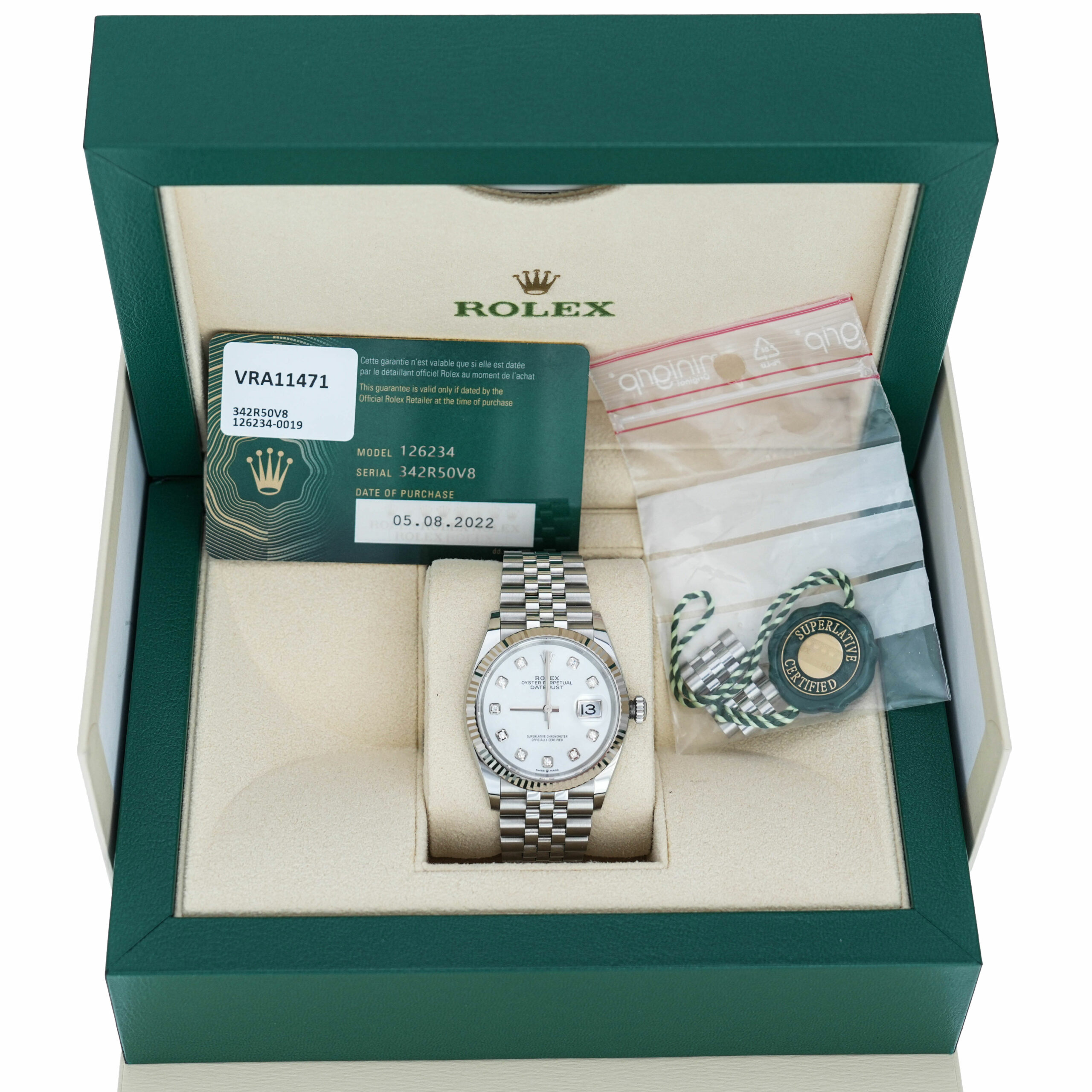 Rolex Datejust 36 Perlmutt Ref. 126234 Full Set 2022 Artikelnummer: 503.866 Durchmesser: 36mm Automatik Rolex Jubilee Band 20cm
