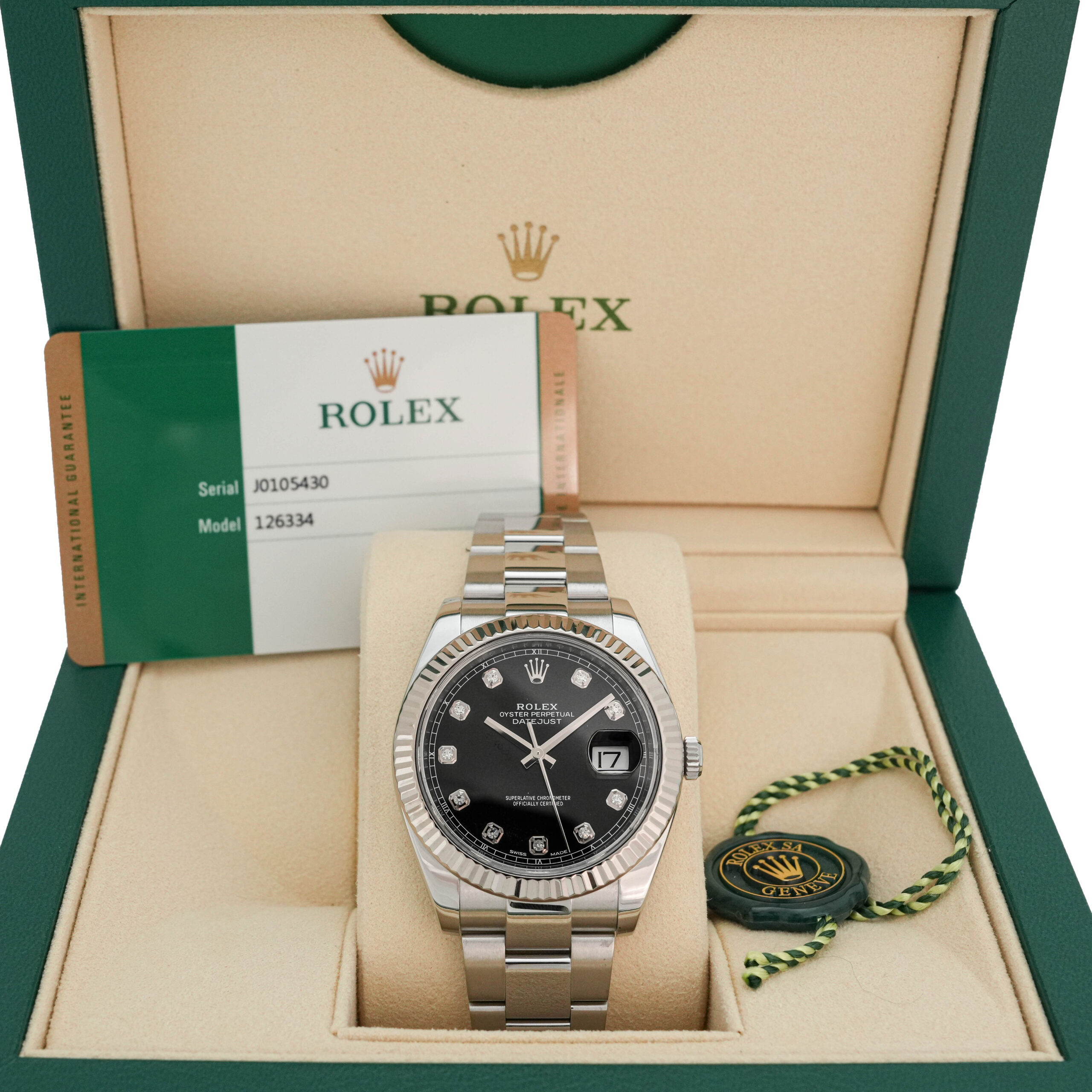 Datejust Rolex Stahl schwarzes Ziffernblatt Diamant