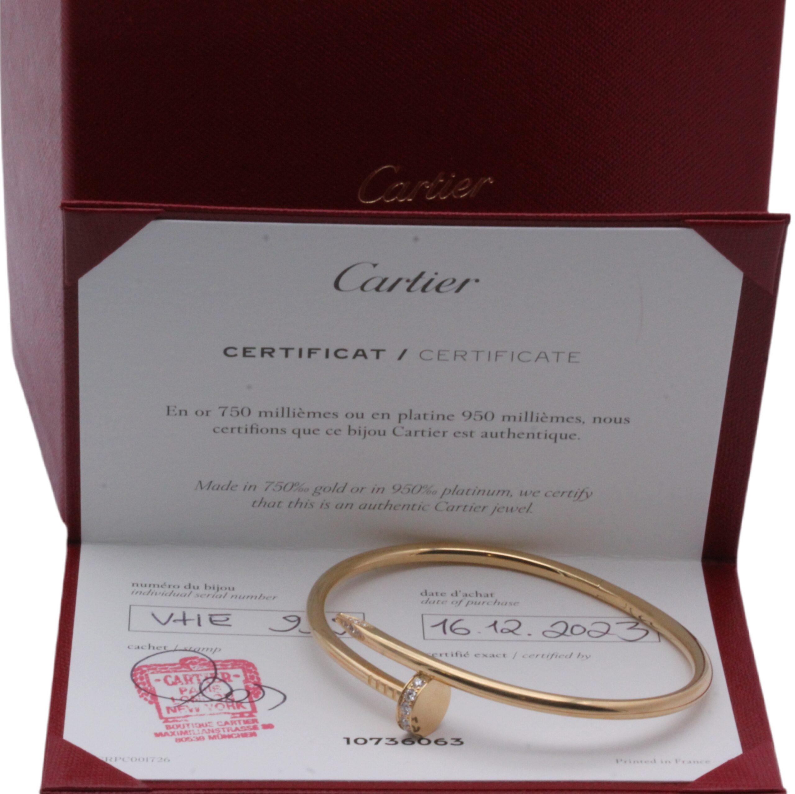 Cartier Juste un Clou Armreif Gr. 17 Gelbgold 750/ 18 Karat mit Zertifikat und Box