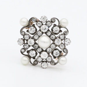 Victorianische Brosche mit Diamanten und Perlen | 585/- Roségold & 925/- Silber